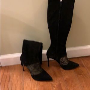Black suede knee high boots with lace